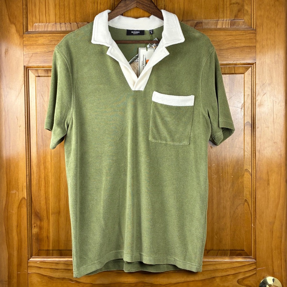 Murano Slim Fit Terry Polo Shirt Olive Green Mens M NWT Crocodile World Retro